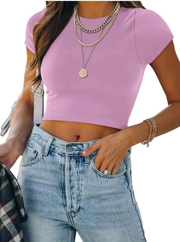 Short Sleeve High Neck Double Lined Tight T Shirts Crop Tops Tees