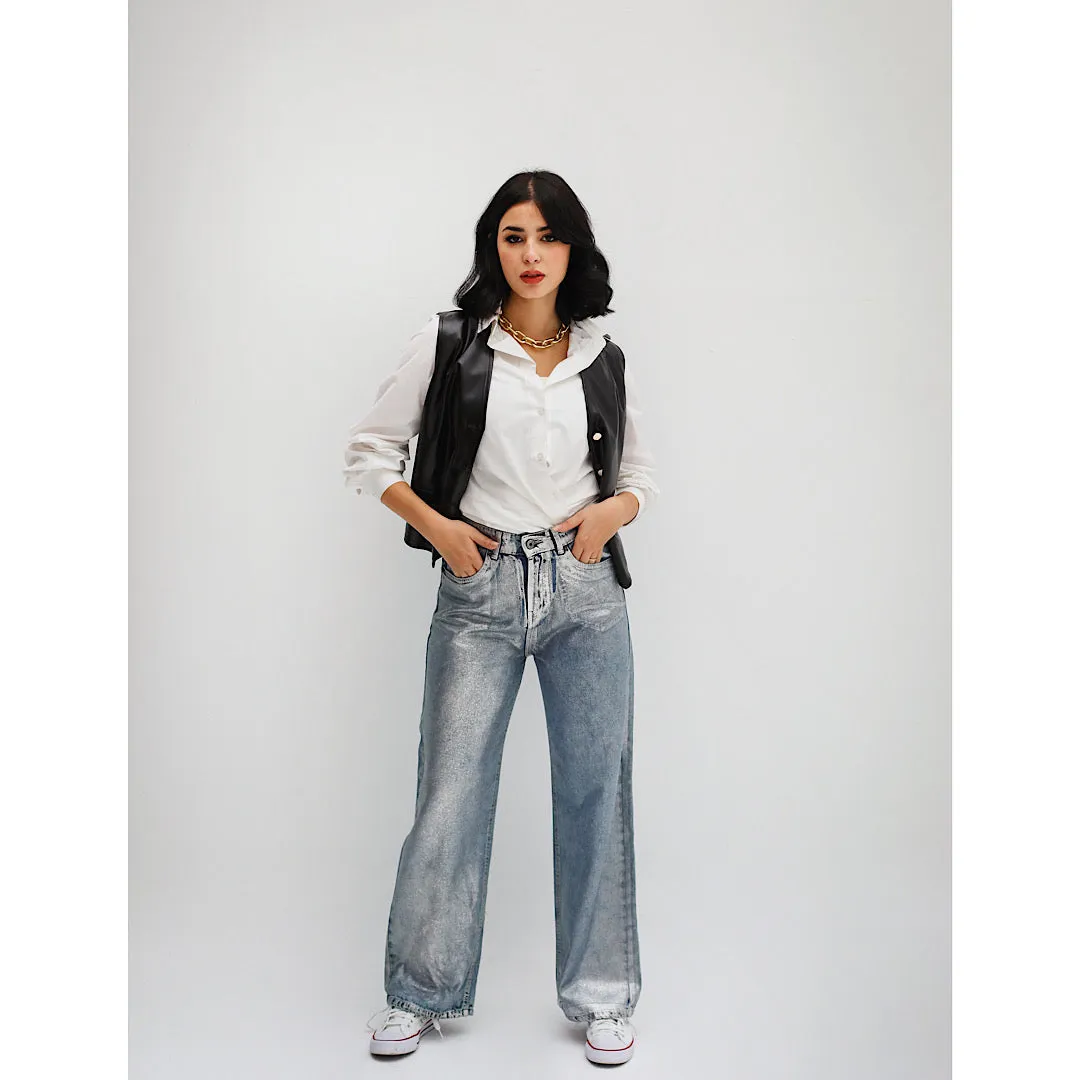 Silver metallic denim pants
