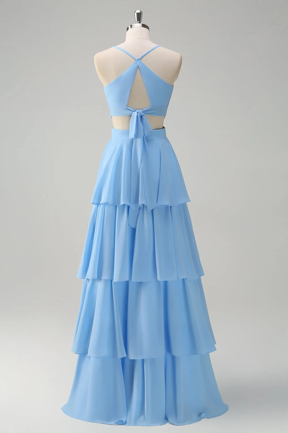 Sky Blue A Line Hollow Out Tiered Chiffon Bridesmaid Dress