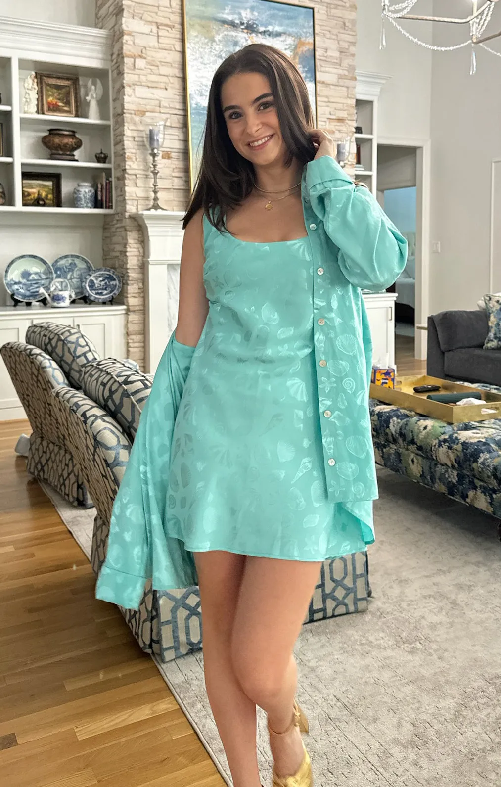 Smith Button Down ~ Aquamarine Shell Satin