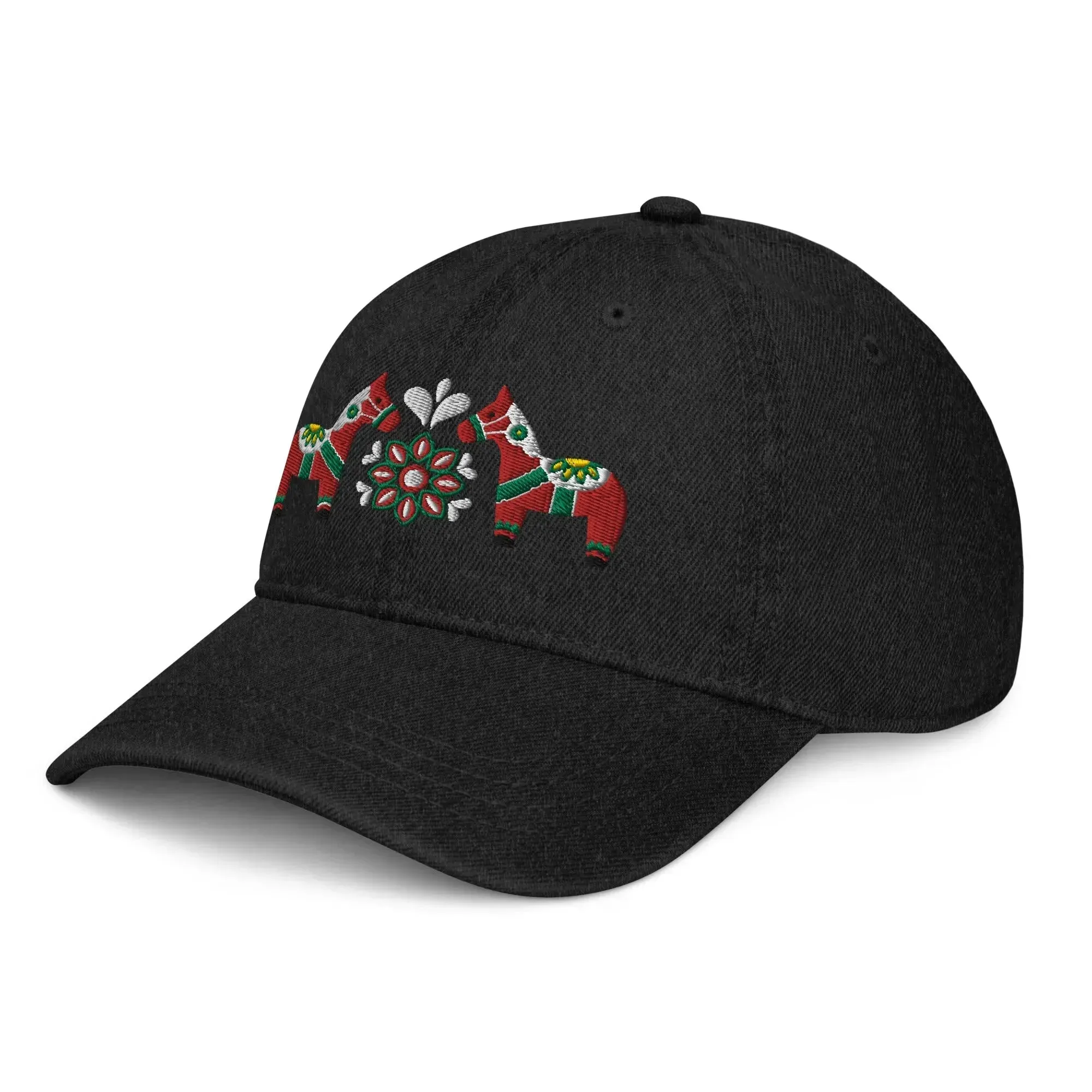 Swedish Dala Horse Embroidered Denim Dad Hat - Red