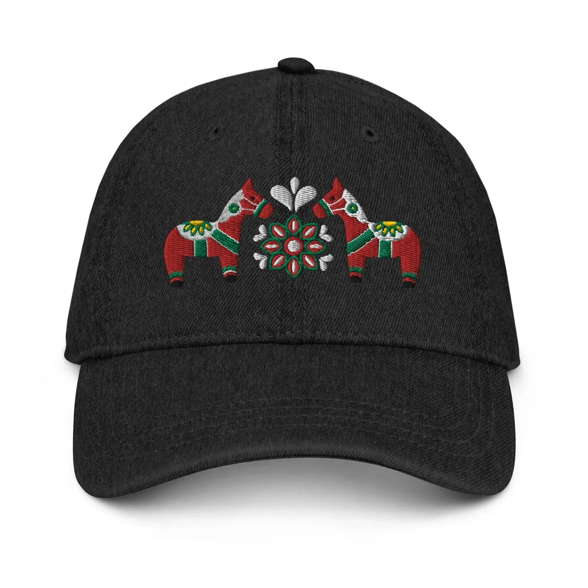 Swedish Dala Horse Embroidered Denim Dad Hat - Red
