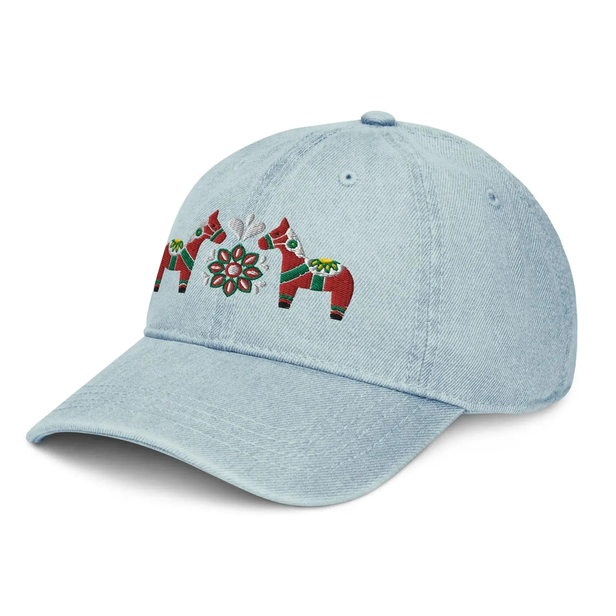 Swedish Dala Horse Embroidered Denim Dad Hat - Red