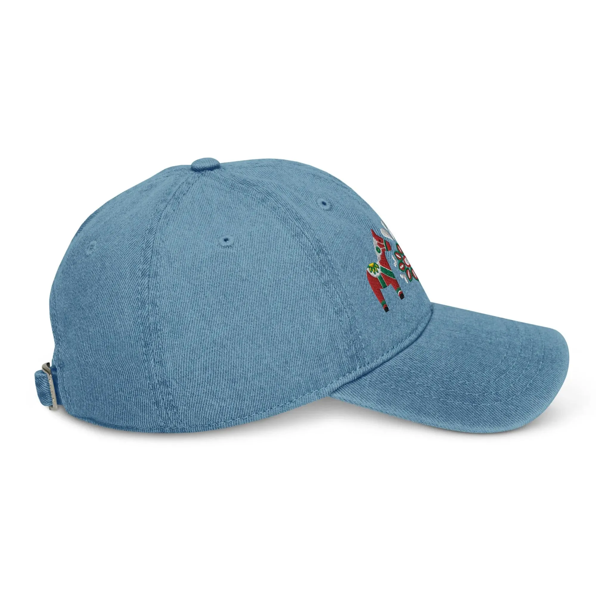 Swedish Dala Horse Embroidered Denim Dad Hat - Red