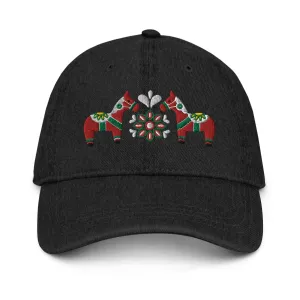Swedish Dala Horse Embroidered Denim Dad Hat - Red