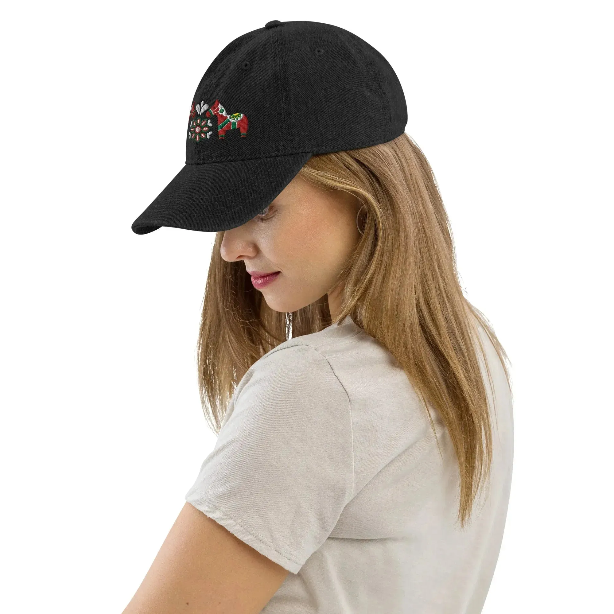 Swedish Dala Horse Embroidered Denim Dad Hat - Red
