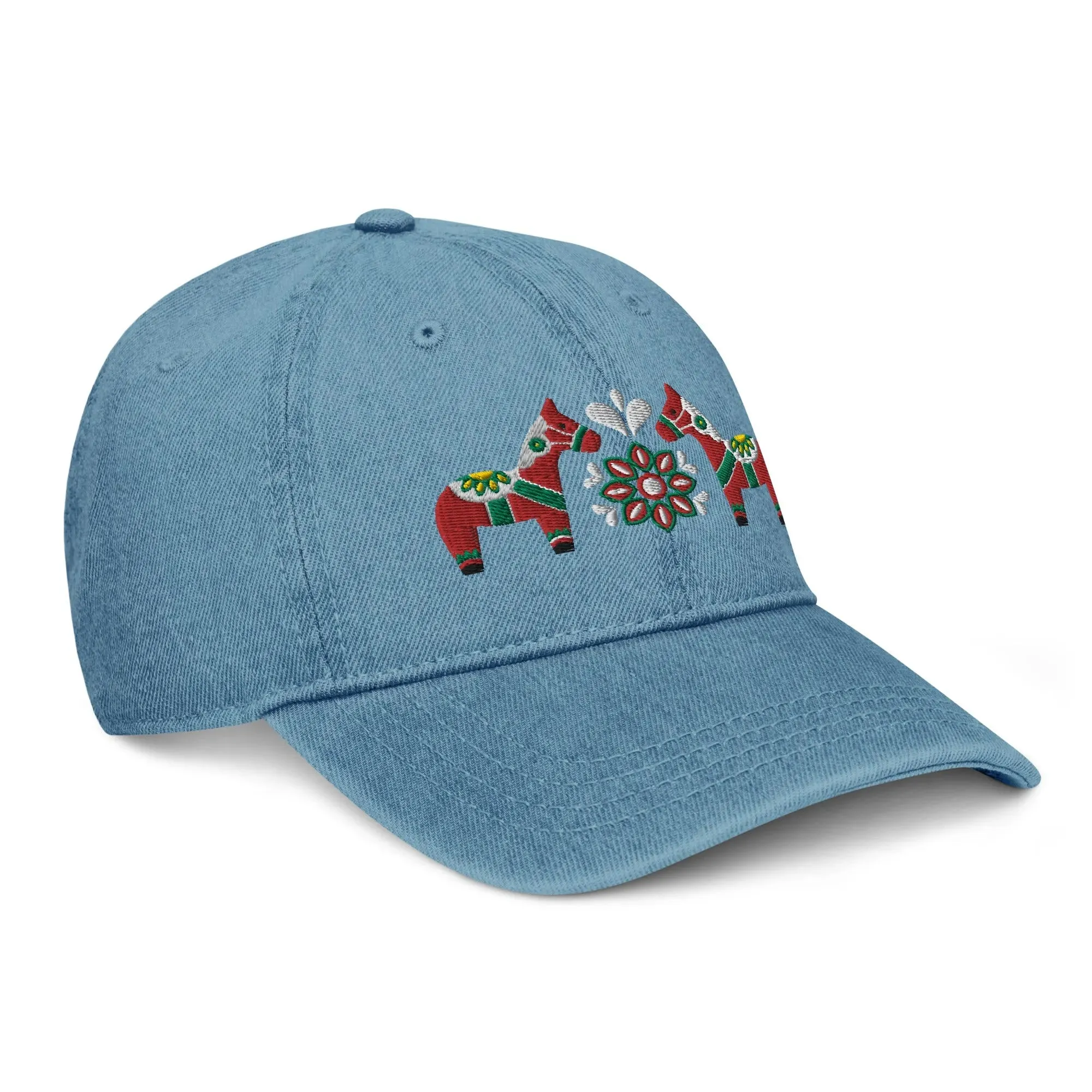 Swedish Dala Horse Embroidered Denim Dad Hat - Red