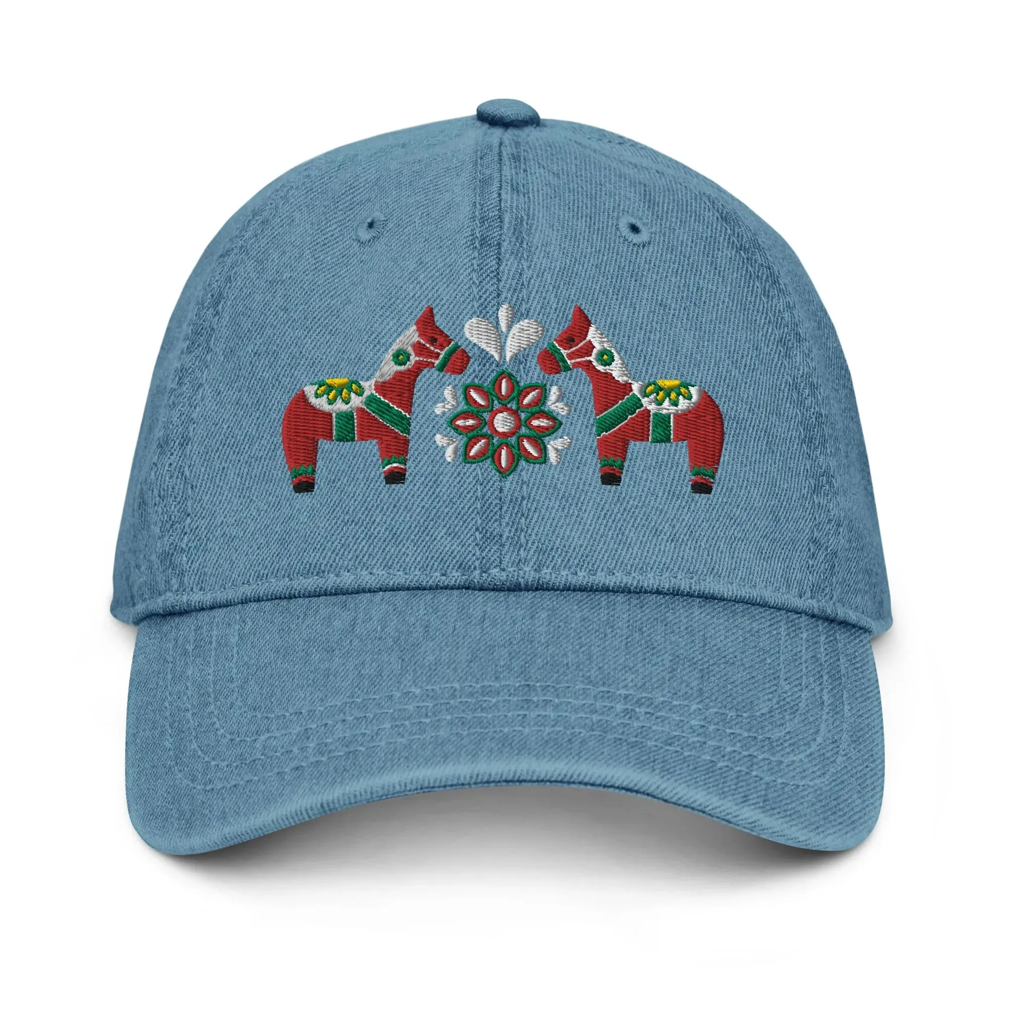 Swedish Dala Horse Embroidered Denim Dad Hat - Red