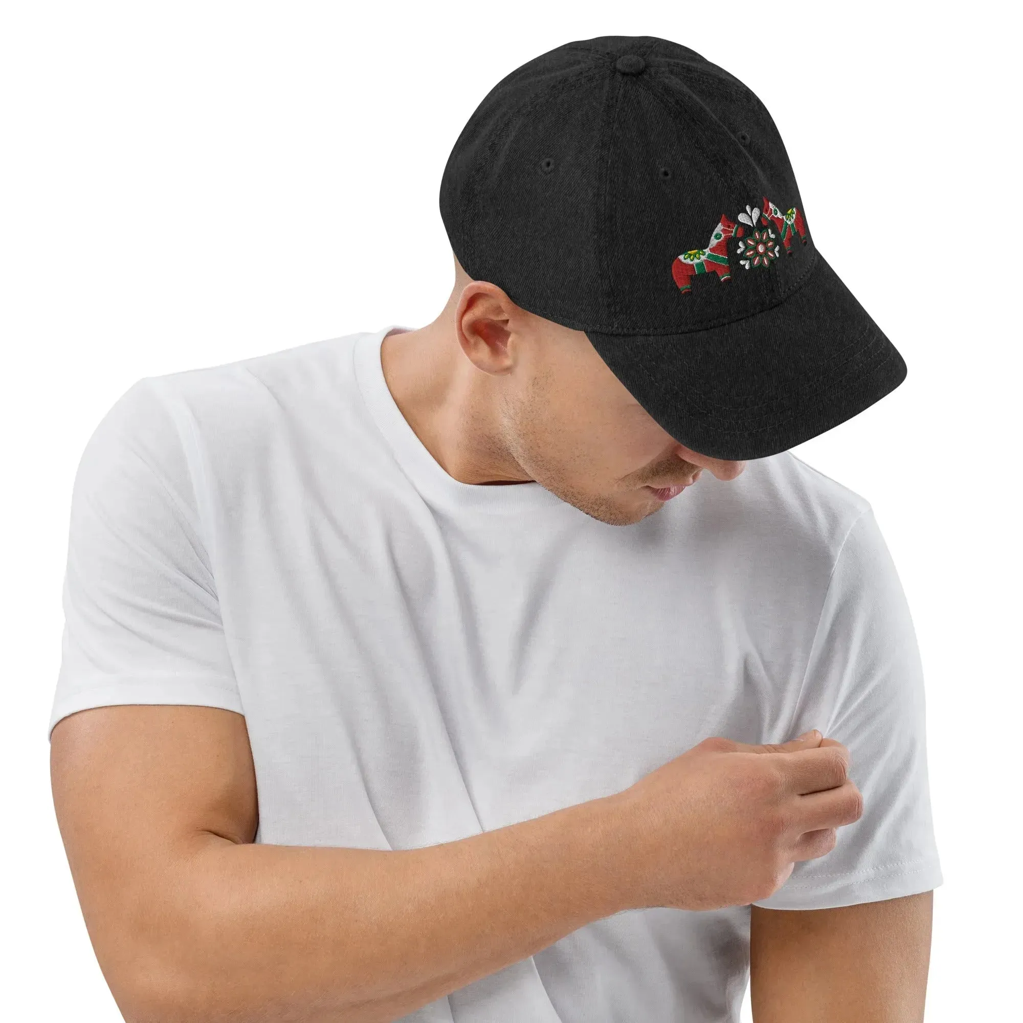 Swedish Dala Horse Embroidered Denim Dad Hat - Red