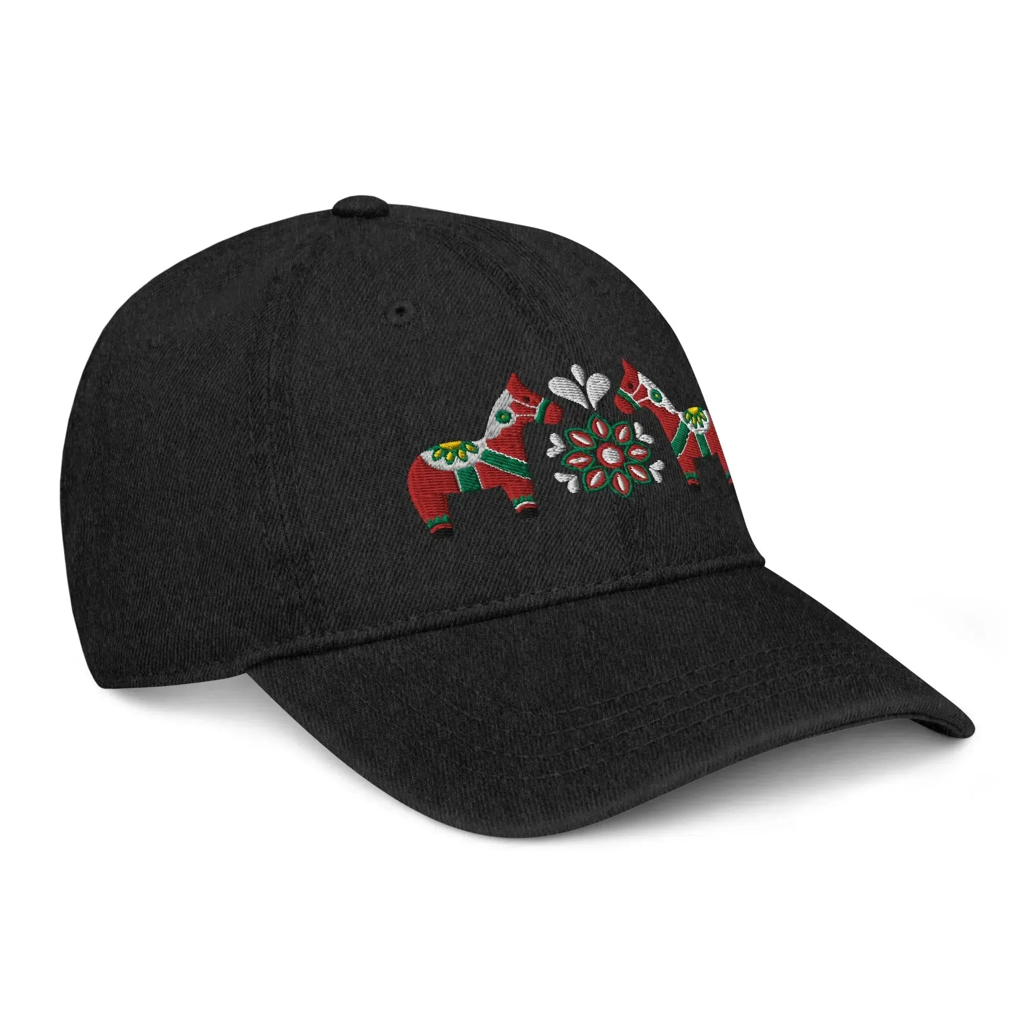 Swedish Dala Horse Embroidered Denim Dad Hat - Red