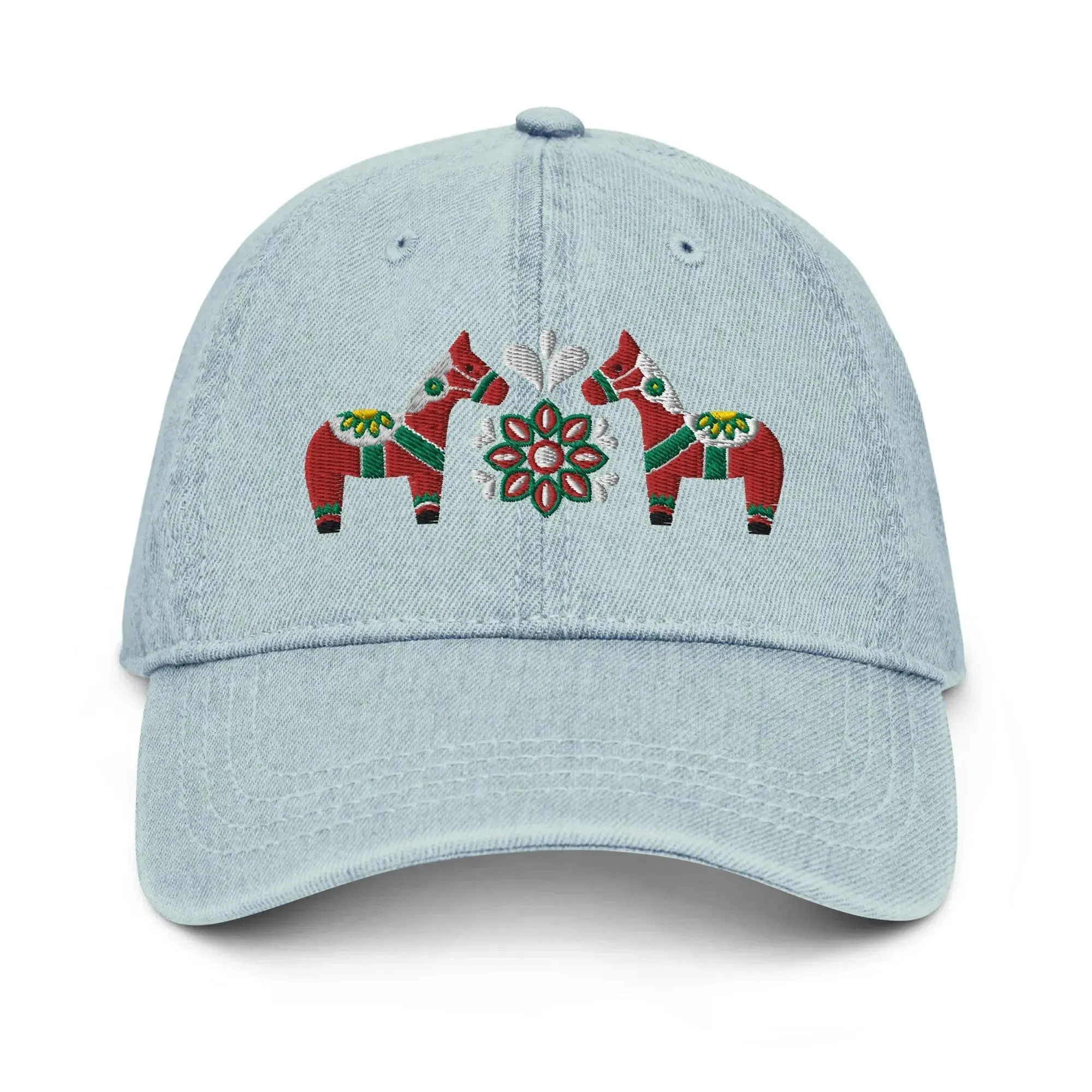 Swedish Dala Horse Embroidered Denim Dad Hat - Red
