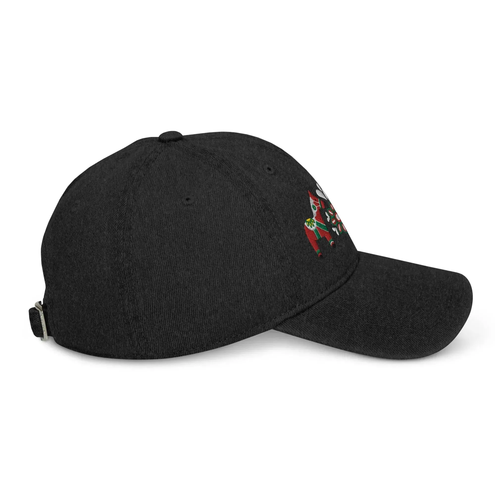Swedish Dala Horse Embroidered Denim Dad Hat - Red