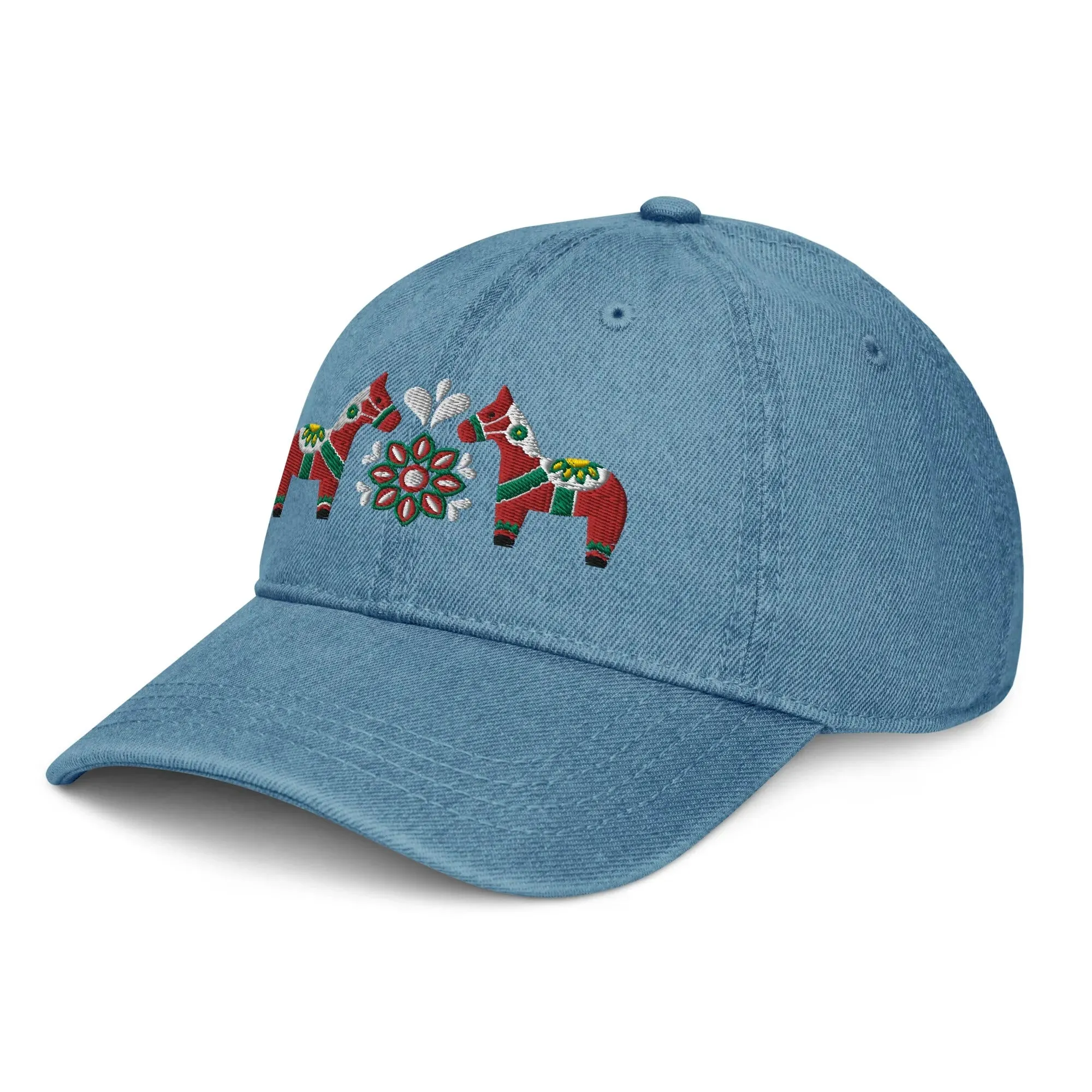 Swedish Dala Horse Embroidered Denim Dad Hat - Red