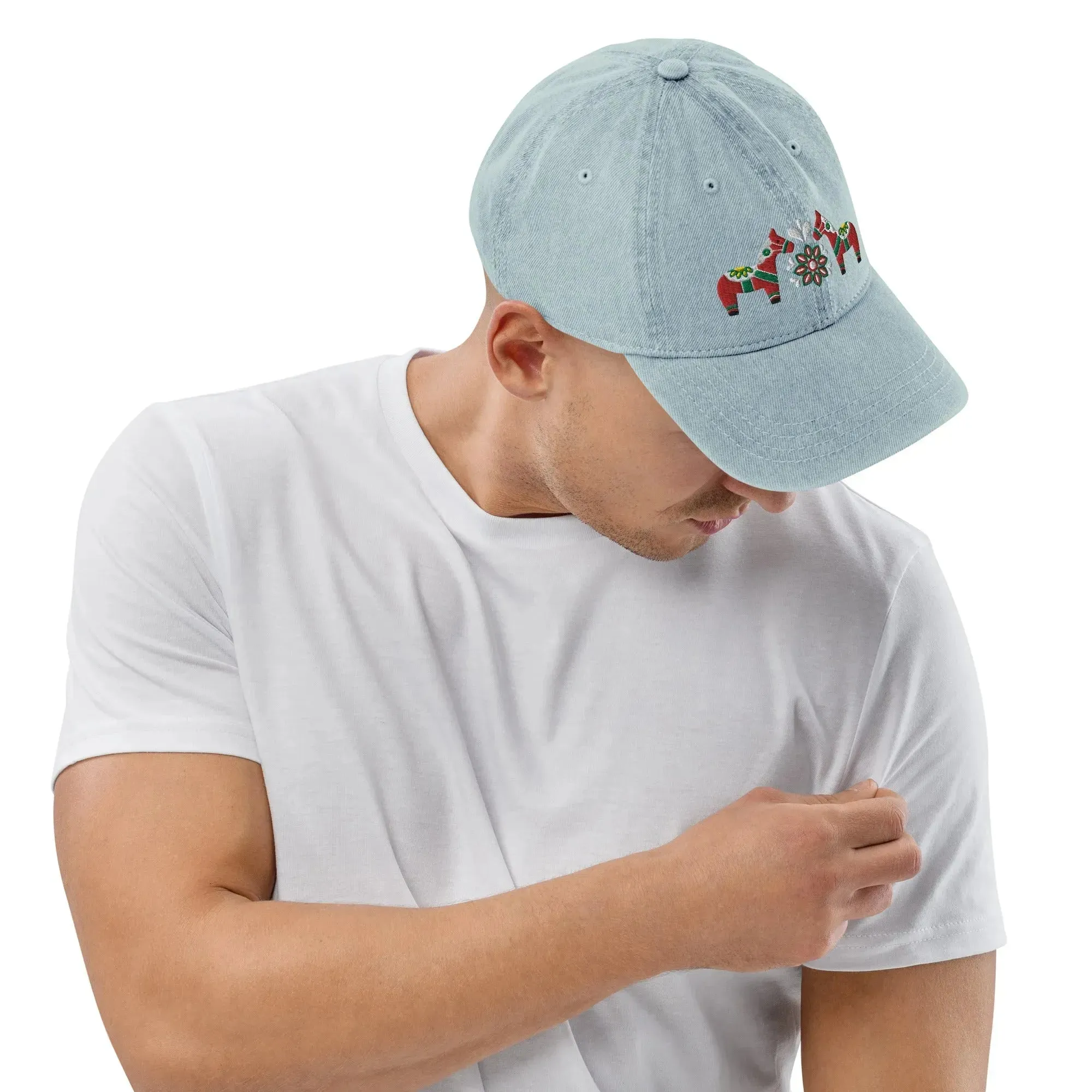 Swedish Dala Horse Embroidered Denim Dad Hat - Red
