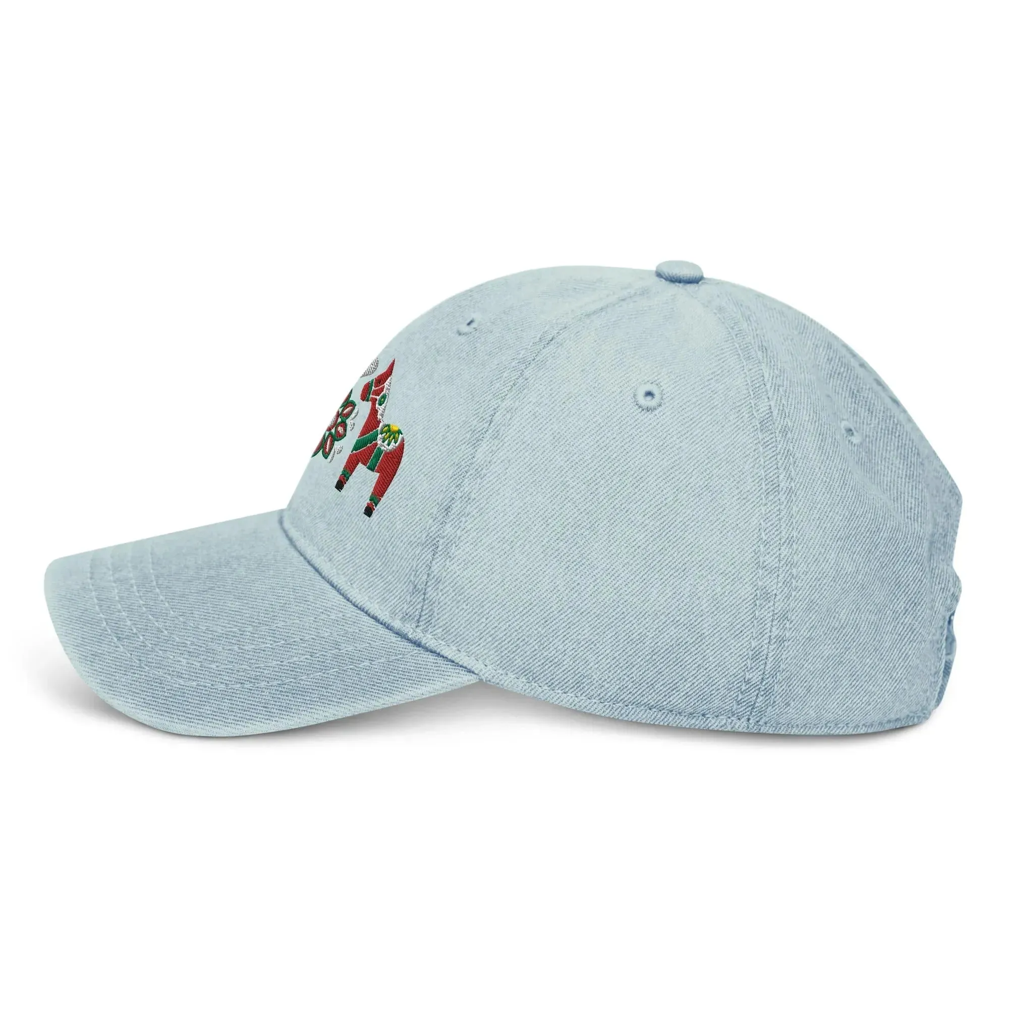 Swedish Dala Horse Embroidered Denim Dad Hat - Red