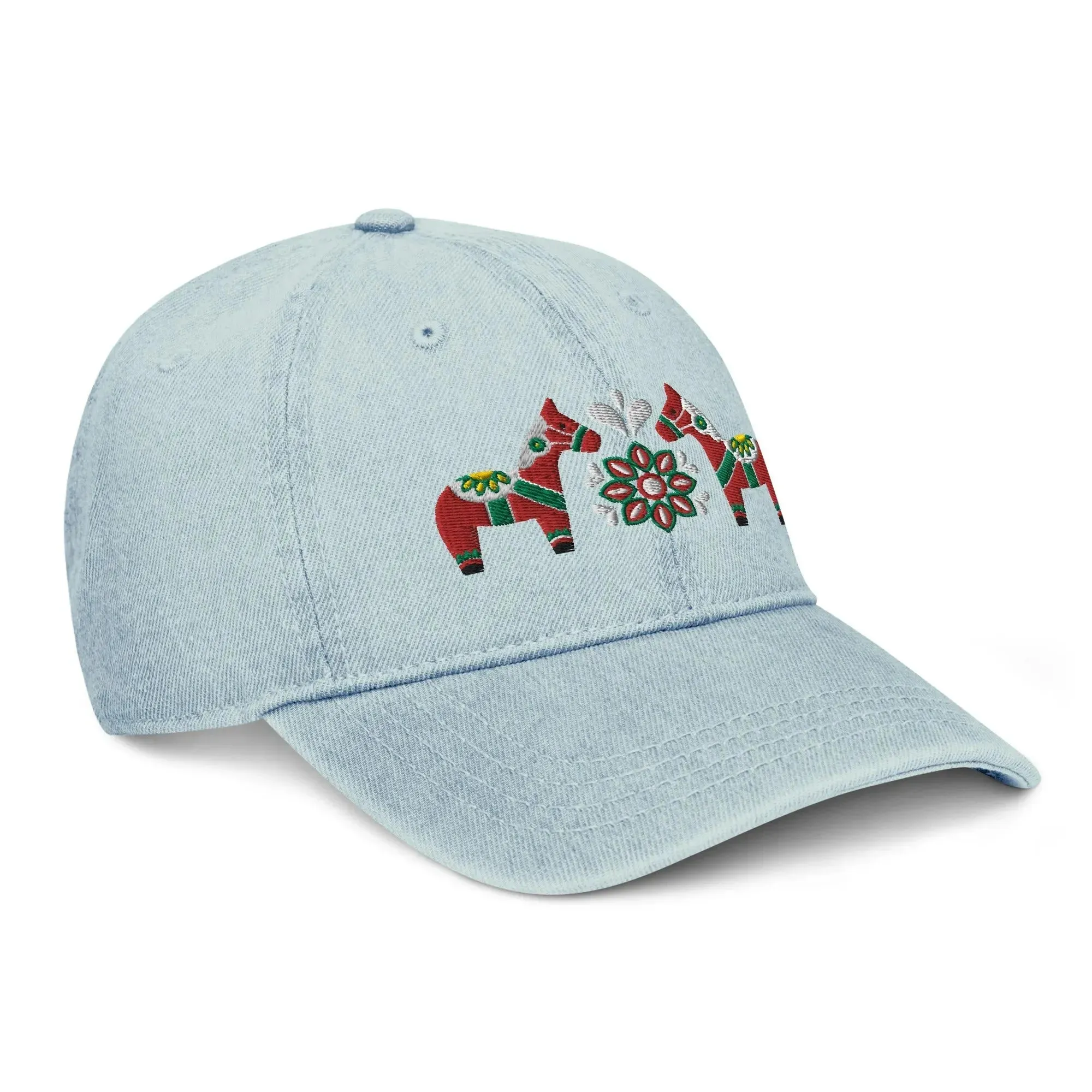 Swedish Dala Horse Embroidered Denim Dad Hat - Red