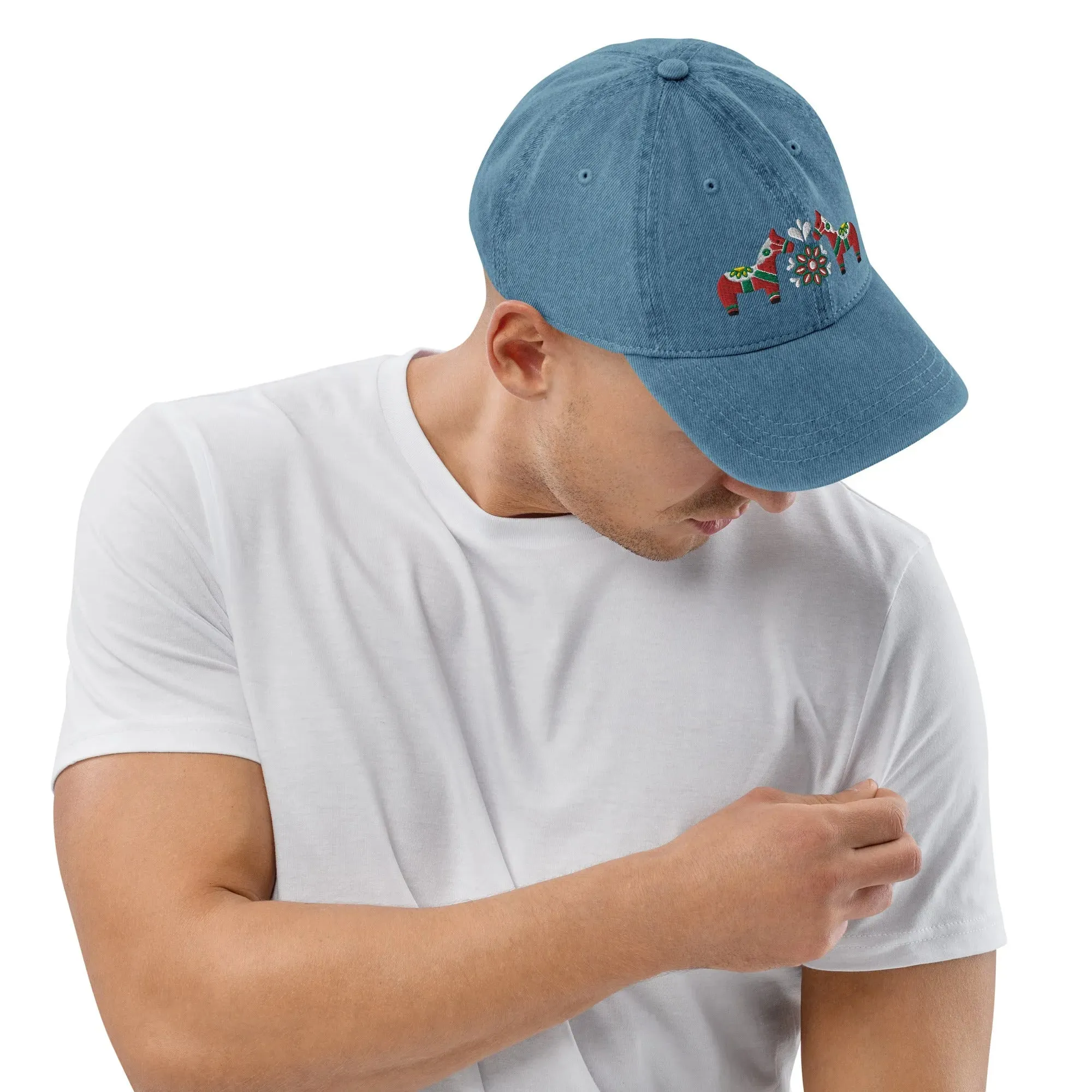 Swedish Dala Horse Embroidered Denim Dad Hat - Red
