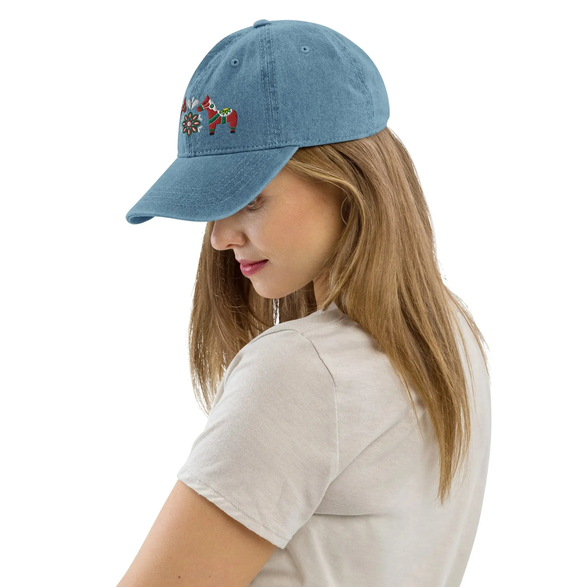 Swedish Dala Horse Embroidered Denim Dad Hat - Red