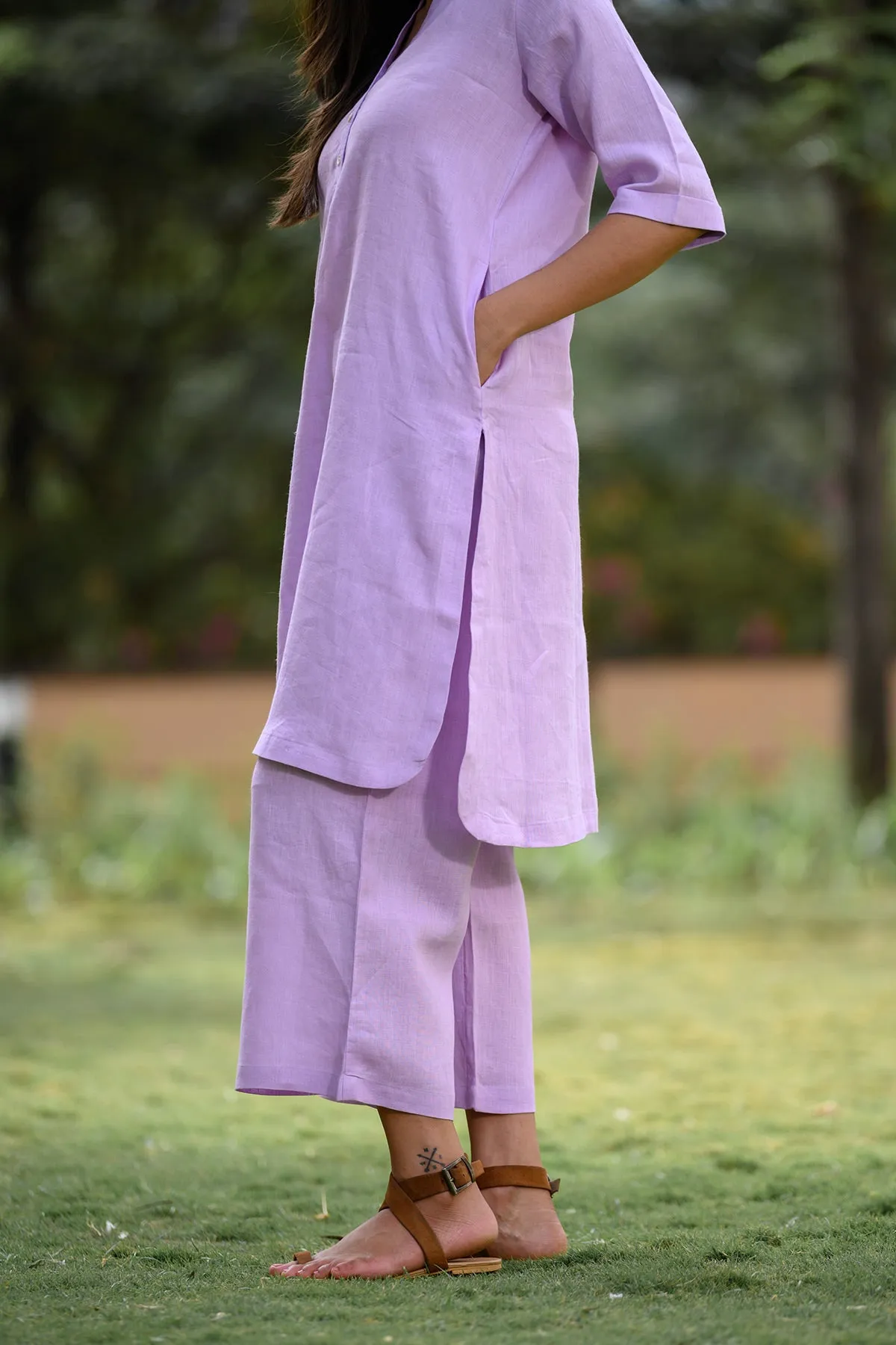 Thea Linen Kurta and Cropped Pants - Lilac