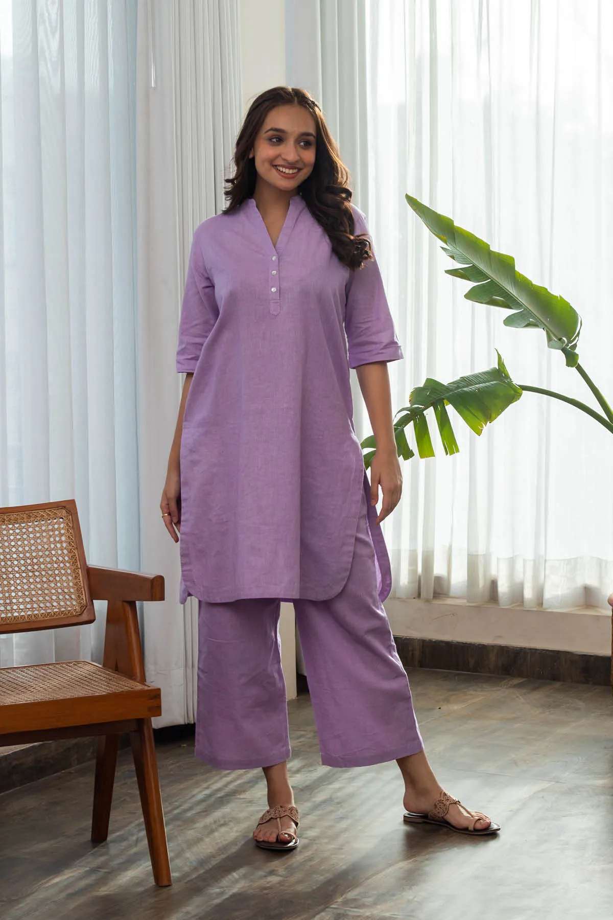 Thea Linen Kurta and Cropped Pants - Lilac
