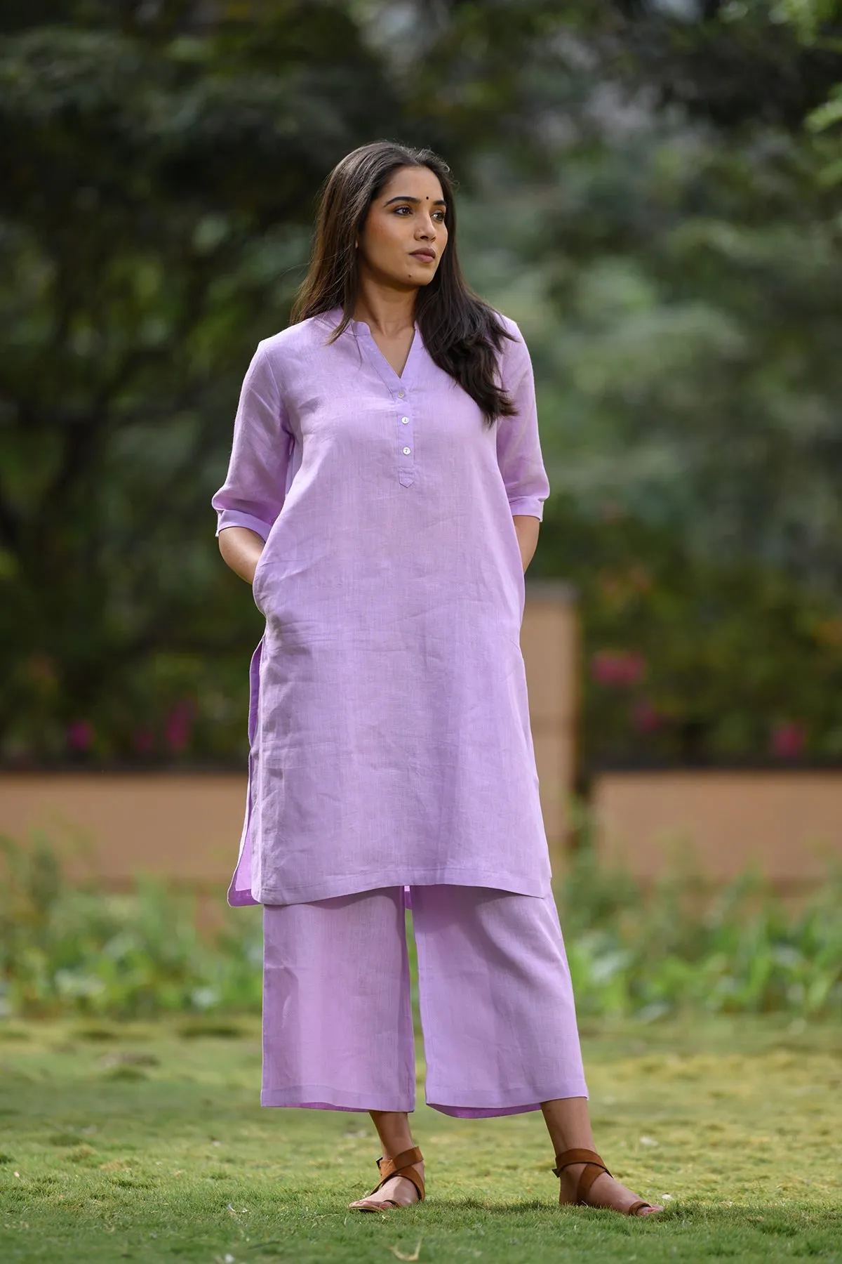 Thea Linen Kurta and Cropped Pants - Lilac