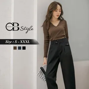V-NECK BUTTON LONG SLEEVE TOPS