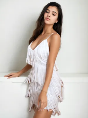 Vibrant V-Neck Sleeveless Dress with Tassel Embellishments