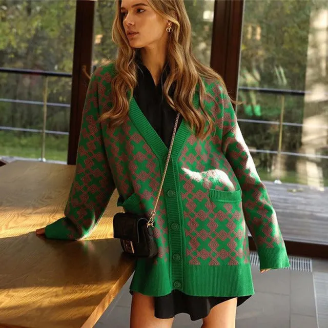 Women V-neck Checkered Print Knitted Cardigan Fashion Female Buttons