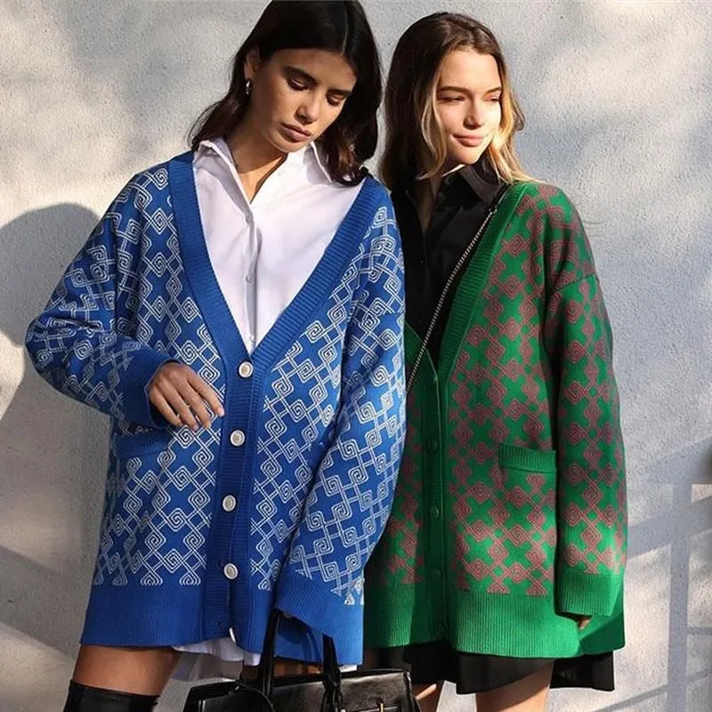 Women V-neck Checkered Print Knitted Cardigan Fashion Female Buttons