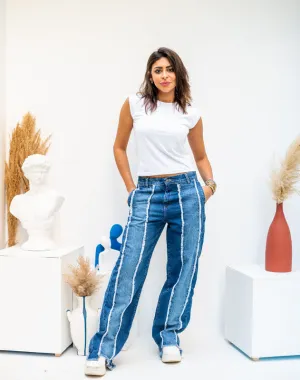 Women's Blue Denim Fringe Pants - Everyday Casual Fashion Bottoms - Made in Egypt