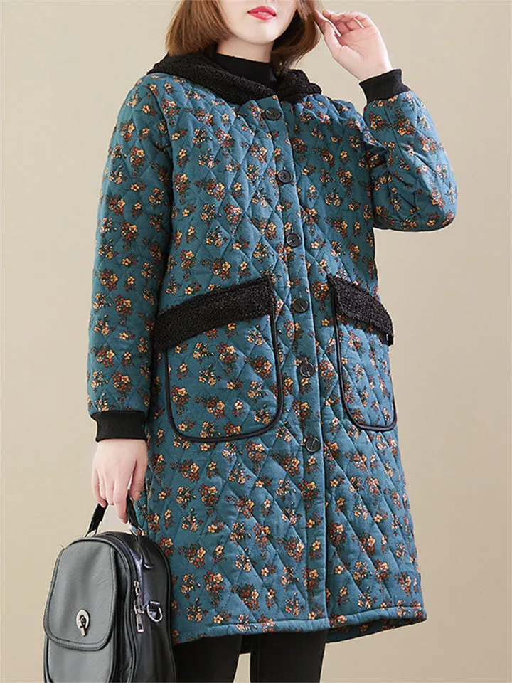 Women's Elegant Single-Breasted Mid-Length Warm Hooded Cotton Coat