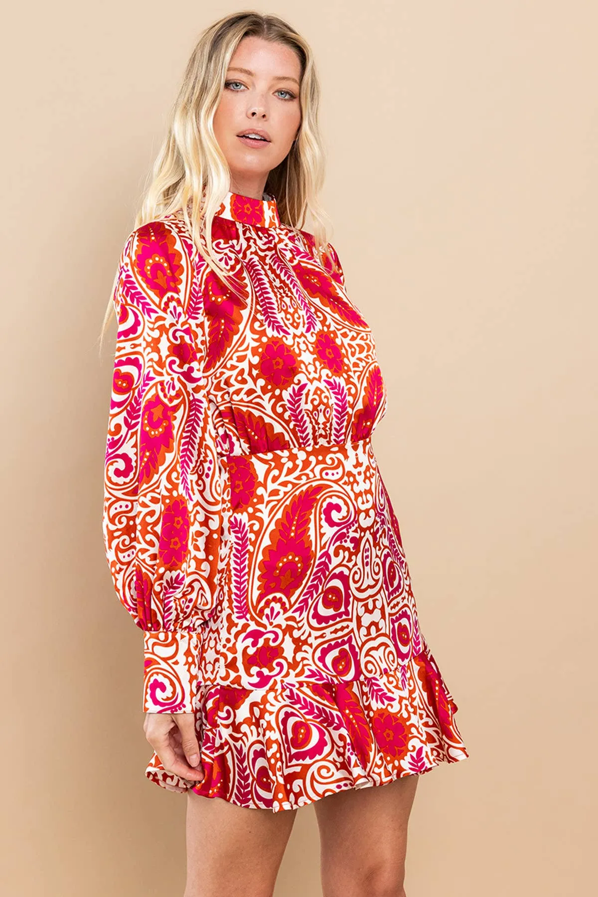 Women's Magenta Printed Long Sleeve Mini Dress