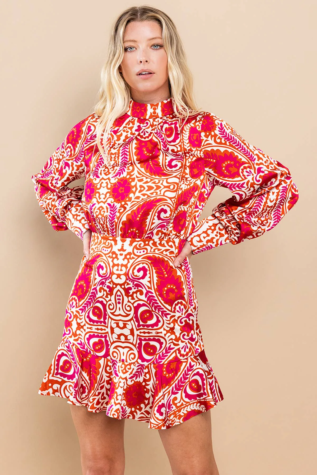 Women's Magenta Printed Long Sleeve Mini Dress