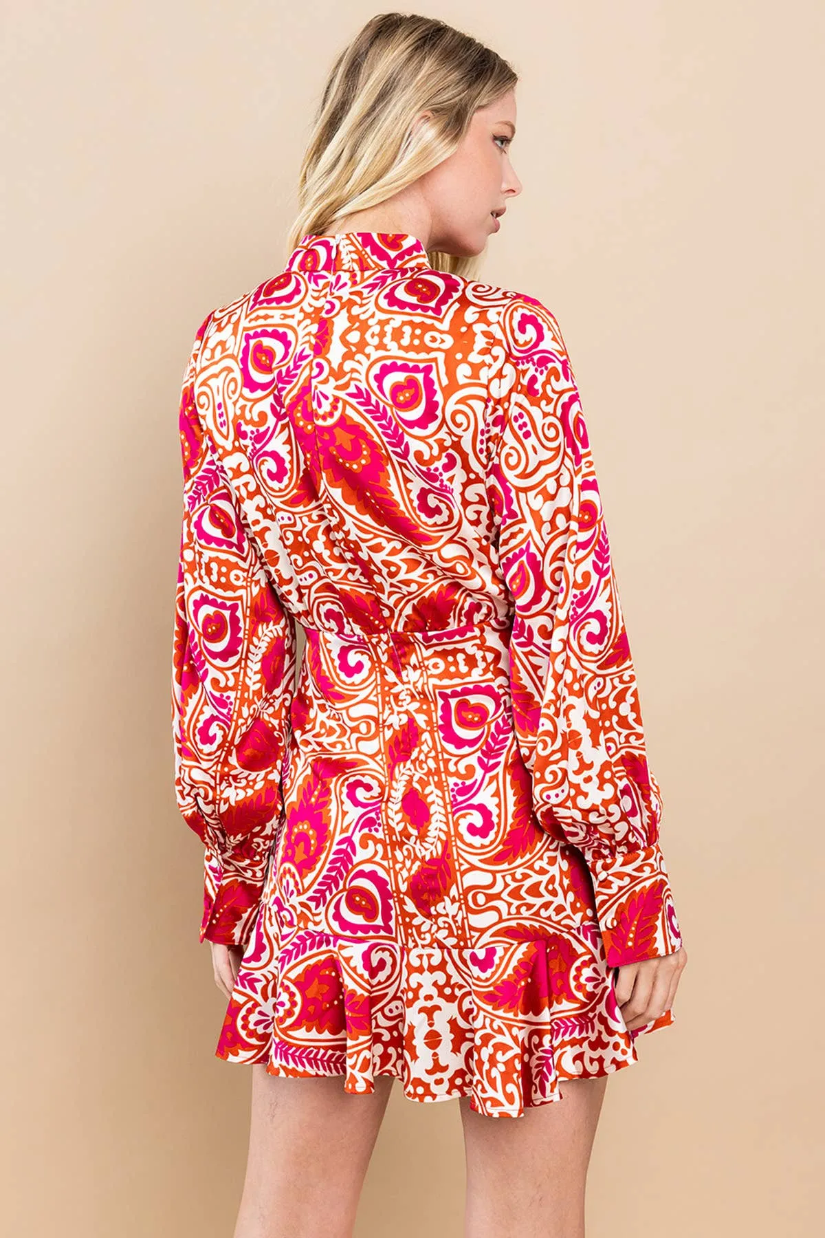 Women's Magenta Printed Long Sleeve Mini Dress