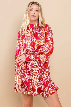 Women's Magenta Printed Long Sleeve Mini Dress