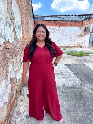 Xena Flounce Sleeve Wasit Smock Wide Leg Jumpsuite with Pockets