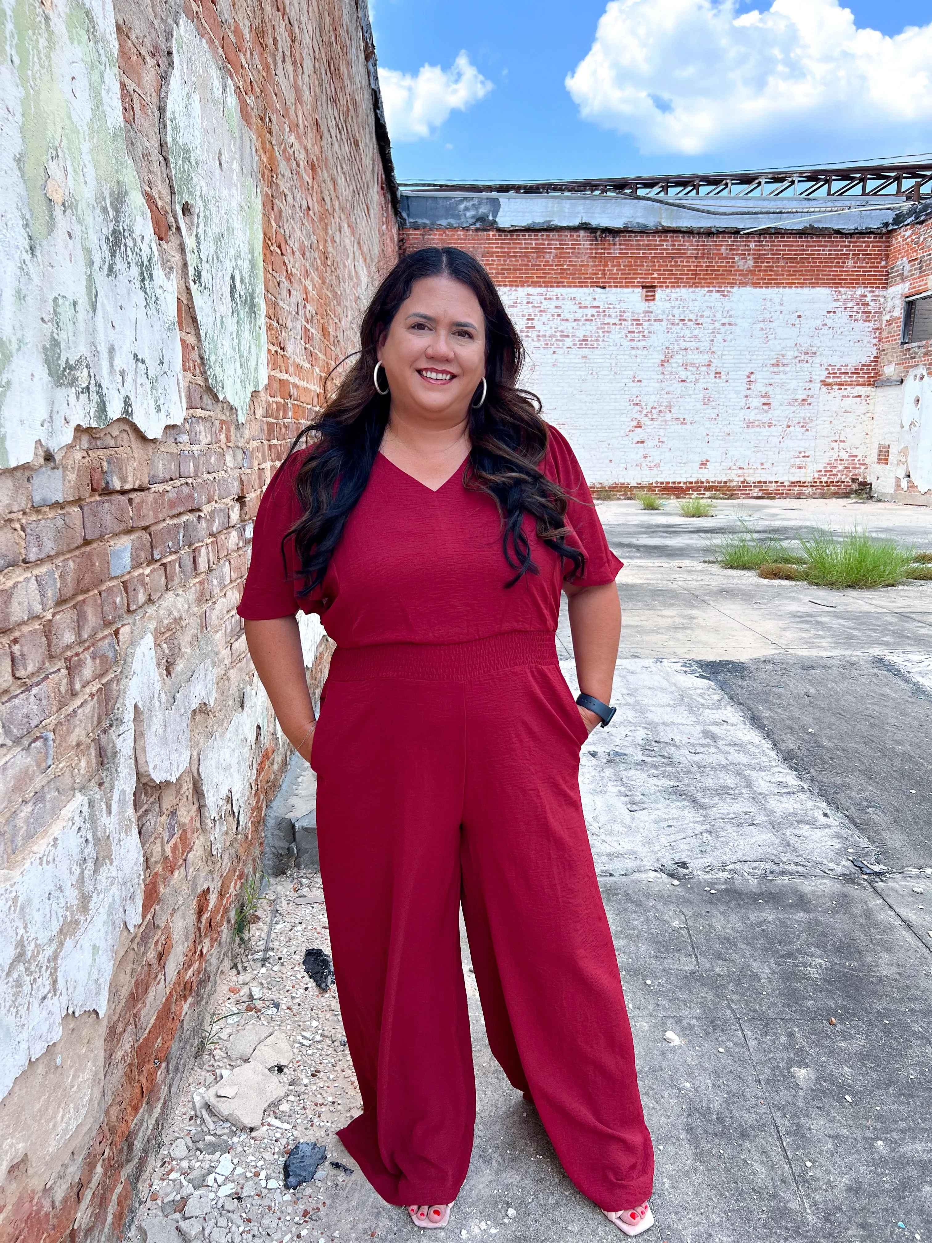 Xena Flounce Sleeve Wasit Smock Wide Leg Jumpsuite with Pockets
