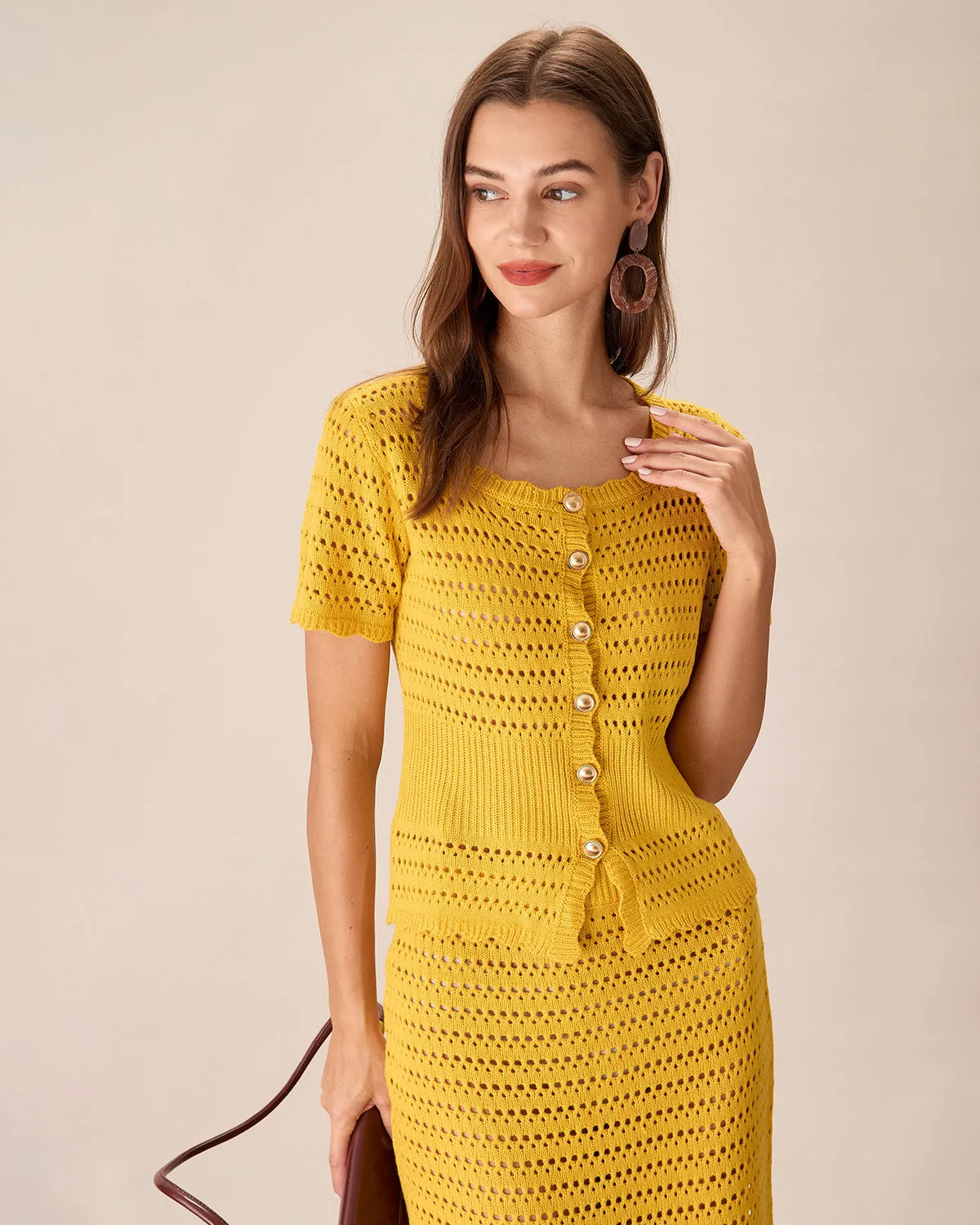 Yellow Crochet Single-Breasted Cardigan